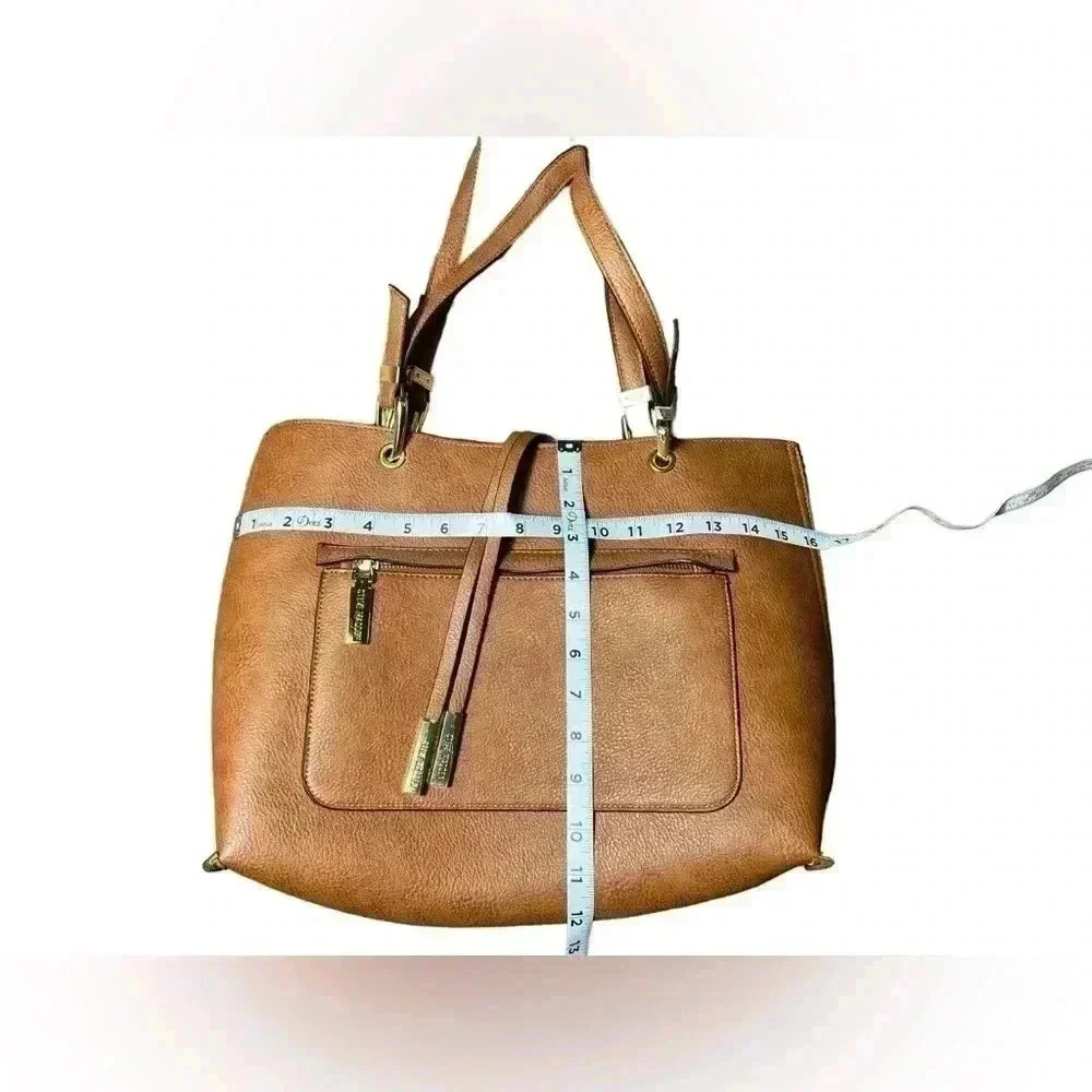 Steve Madden Brown Faux Leather Tote Bag Large Shoulder Purse Gold Hardware - Picture 11 of 15